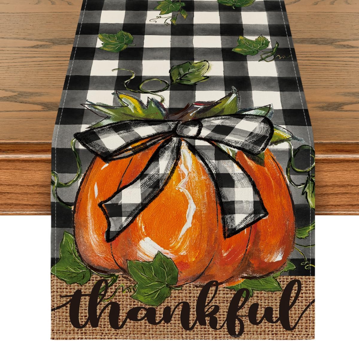 Artoid Mode Buffalo Plaid Bowknot Pumpkin Thankful Fall Table Runner, Autumn Thanksgiving Kitchen Dining Table Decoration for Home Party Decor 13x90 Inch