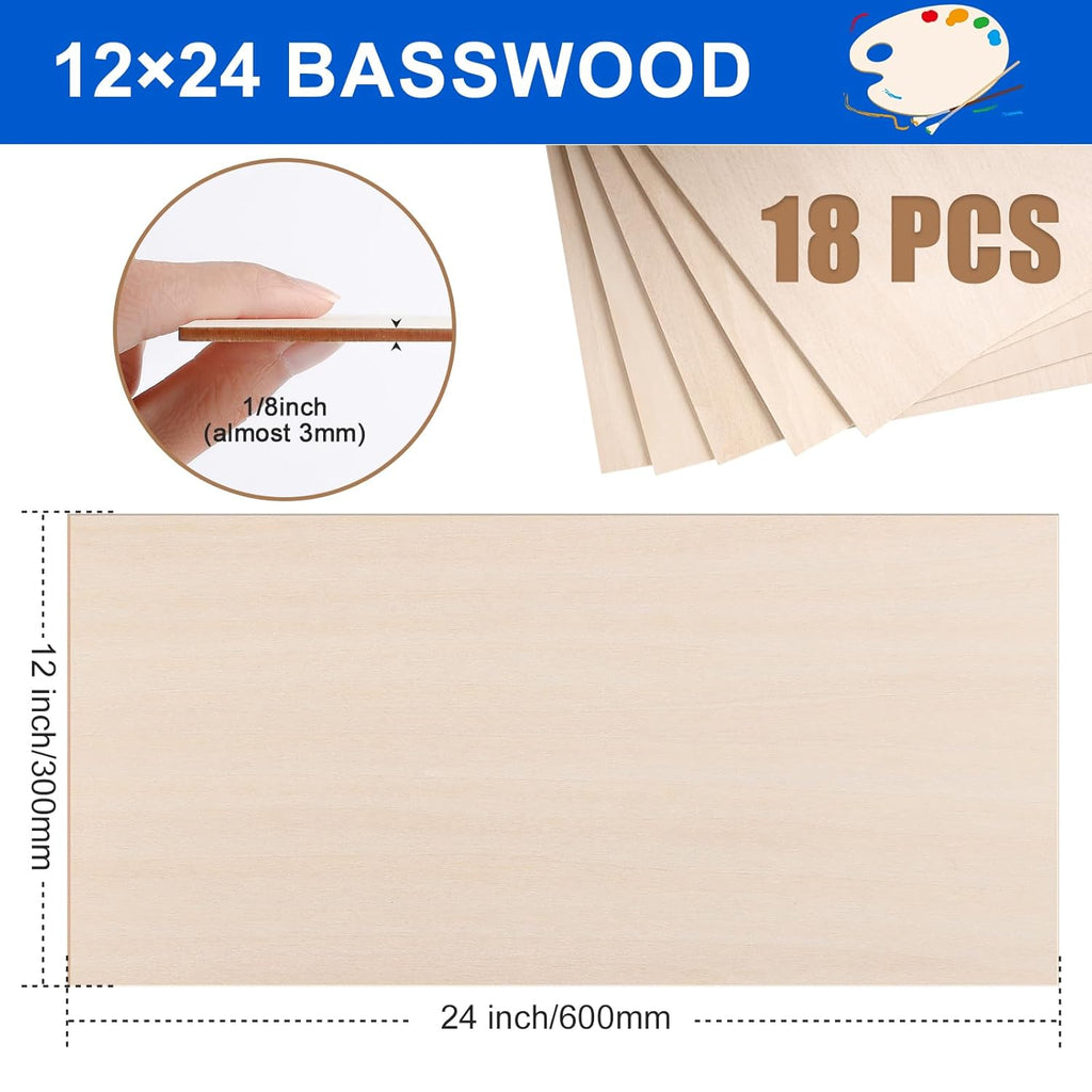 18 Pack 12x24x1/8 Inch Basswood Sheets, Large Size Basswood for Laser Cutting & Engraving, Plywood Wood Board Unfinished Wood Sheets for Crafts, DIY Architectural Models, Wood Burning and Painting.