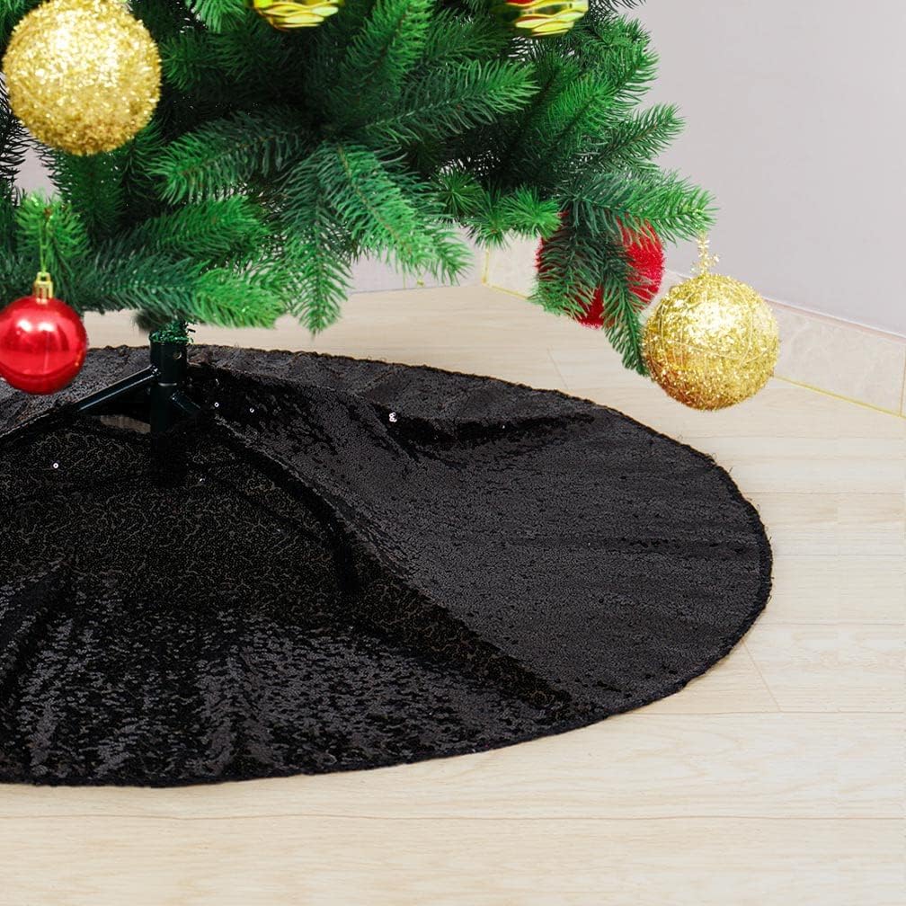 Partisout 48 Inch Black Sequin Christmas Tree Skirt - Glitter Holiday Decor for Xmas, Halloween, Winter Parties