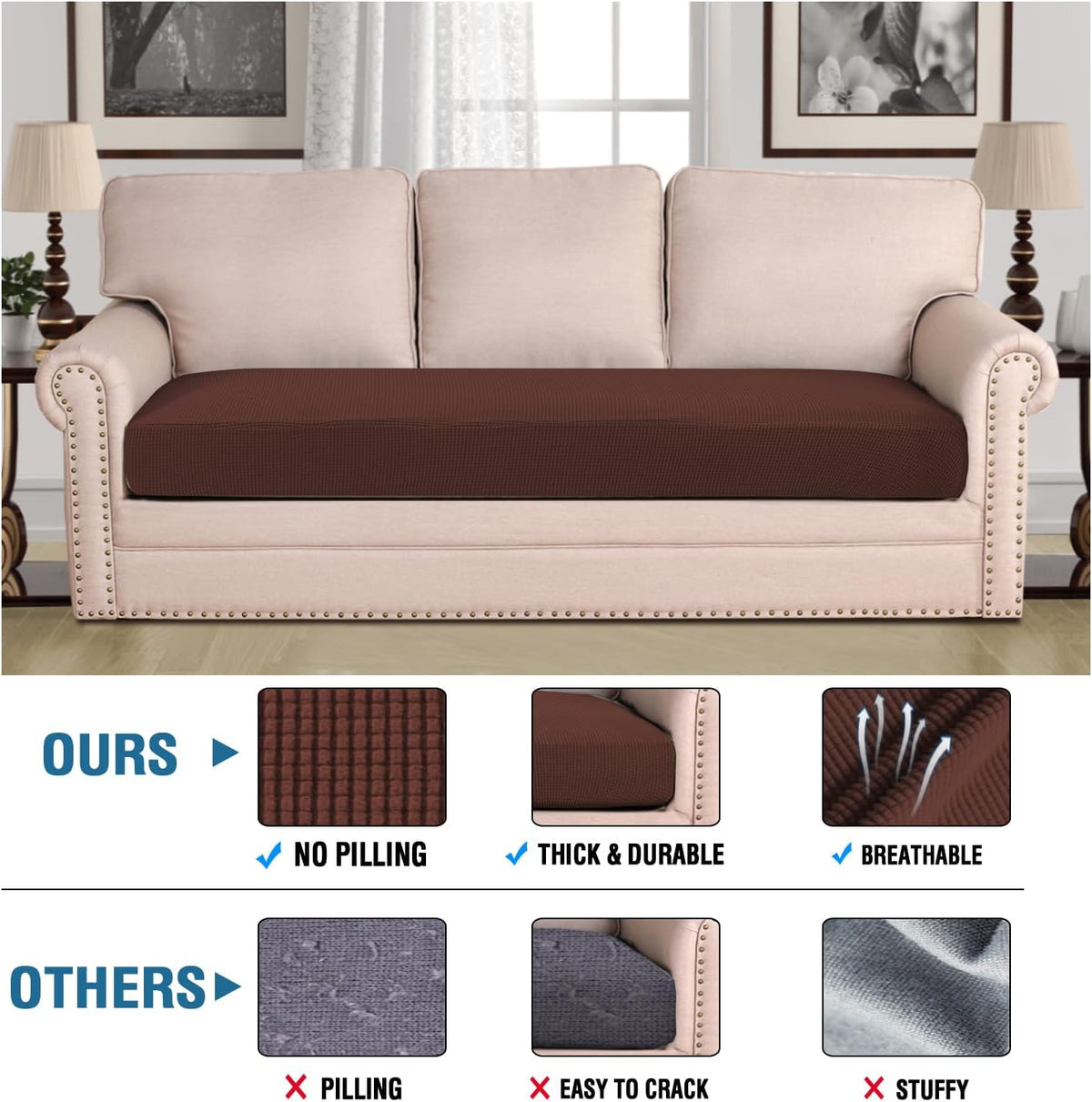 H.VERSAILTEX Super Stretch Individual Seat Cushion Covers Sofa Covers Couch Cushion Covers Slipcover Sets Thick Jacquard Textured Twill Fabric (1 Piece Sofa Cushion Cover, Burnt Brick)