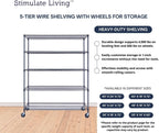 60"x18"x72" Prime Heavy Duty Black 5-Tier Wire Shelving NSF 4000 LBS MAX Capacity Storage Rack for Commercial, Hospital, School, Garage, and Kitchen Uses (with Wheels)