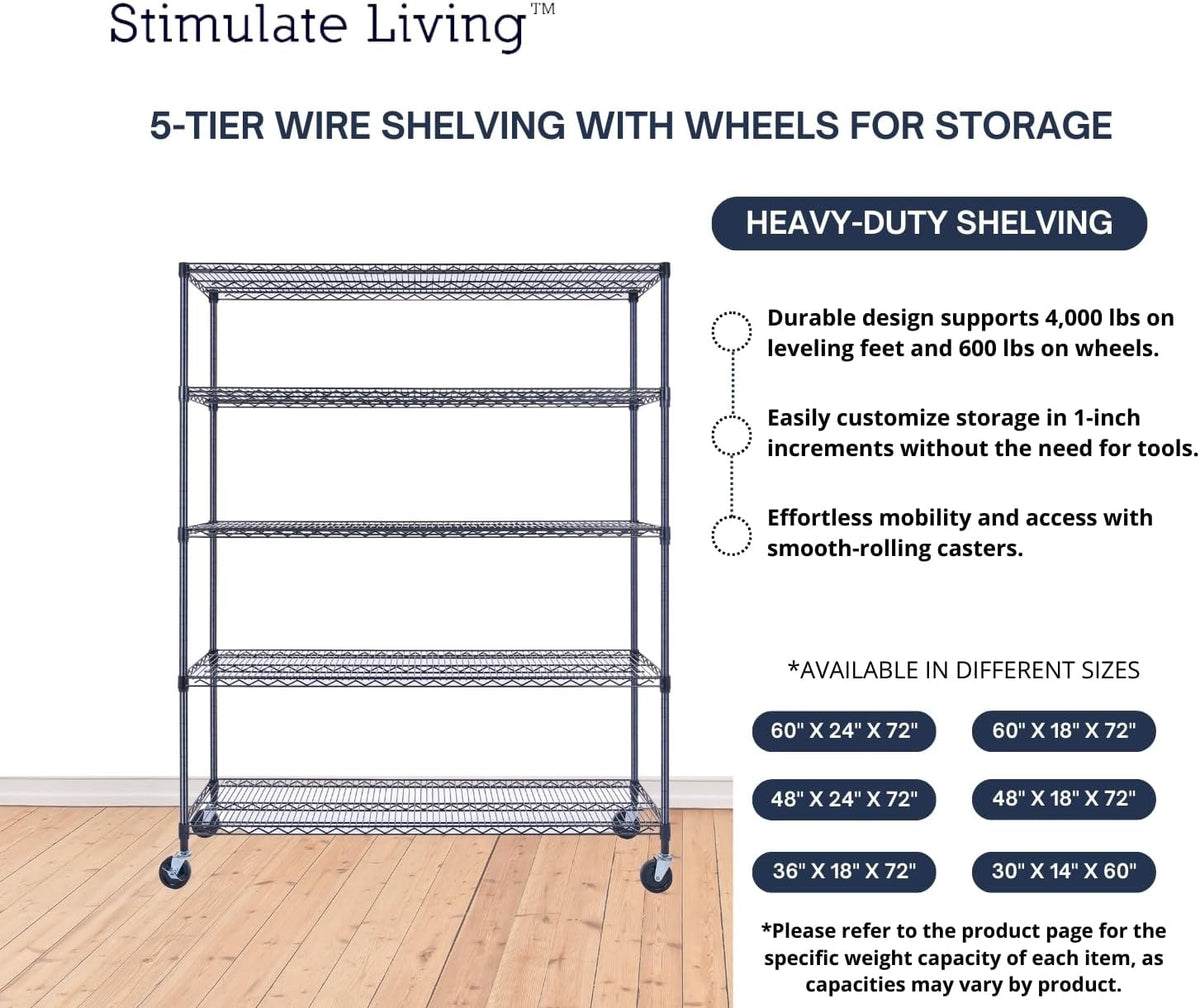 60"x18"x72" Prime Heavy Duty Black 5-Tier Wire Shelving NSF 4000 LBS MAX Capacity Storage Rack for Commercial, Hospital, School, Garage, and Kitchen Uses (with Wheels)