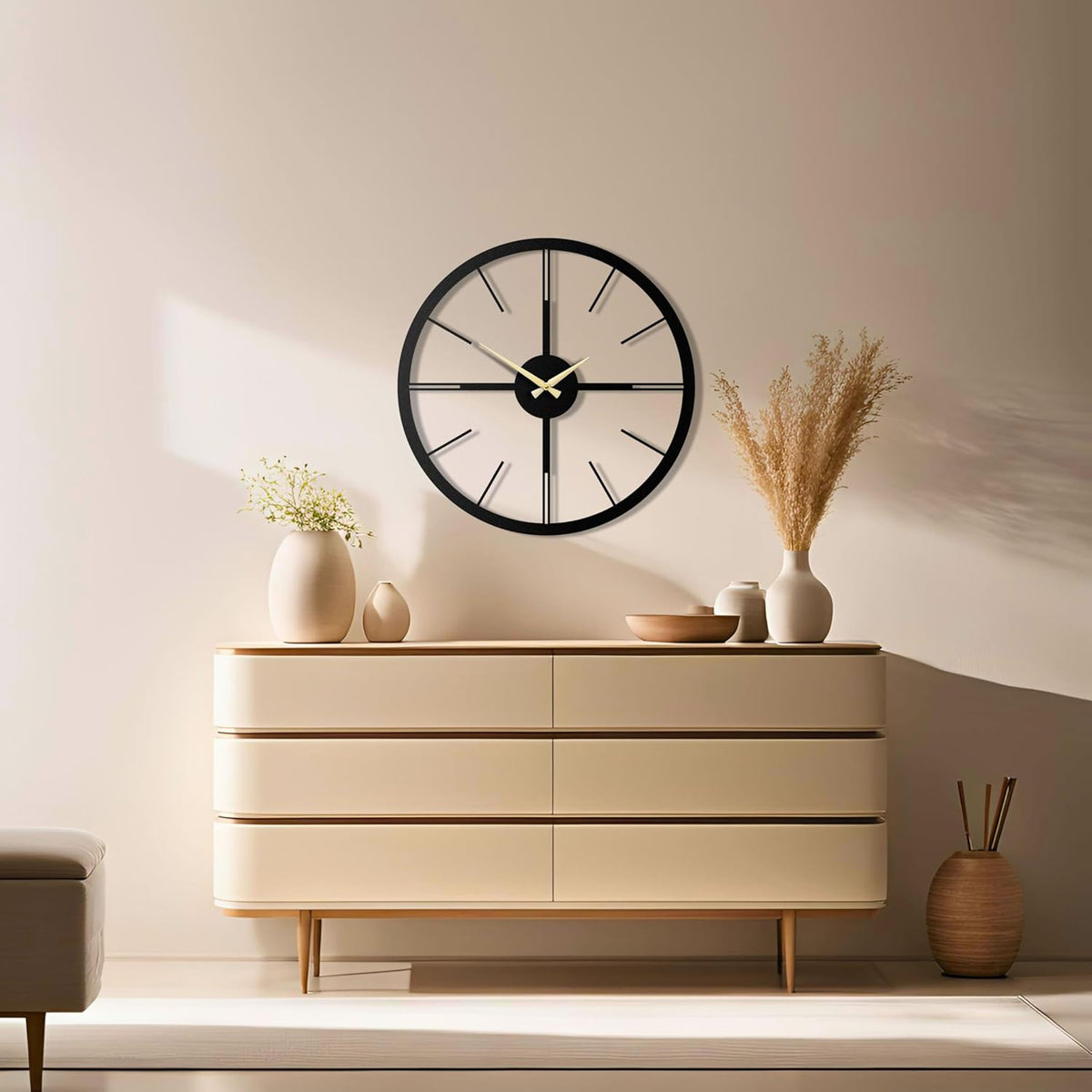 pluviart Rain Minimalist Metal Wall Clock, Modern Black Metal Wall Clock, Silent Non-Ticking Decorative Clock for Living Room, Kitchen, Office, Industrial-Style Wall Decor, Easy to Hang (19,3")