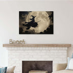 Full moon witch silhouette poster witch on magic broom Halloween mural poster decorative mural art suitable for home living room bedroom24x36in Wood Framed