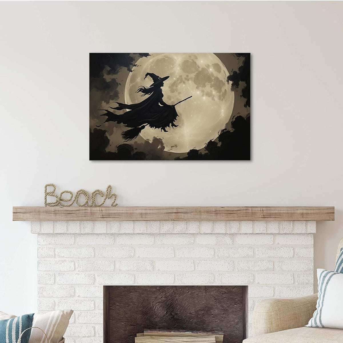 JFHCQJPK Full moon witch silhouette poster witch on magic broom Halloween mural poster decorative mural art suitable for home living room bedroom8x12in Frameless