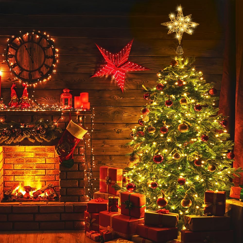 Christmas Tree Topper Lighted 13.5” Gold Star Tree Toppers with 20 LED Lights Christmas Tree Top Ornament for New Year Holiday Home Office Indoor Decorations
