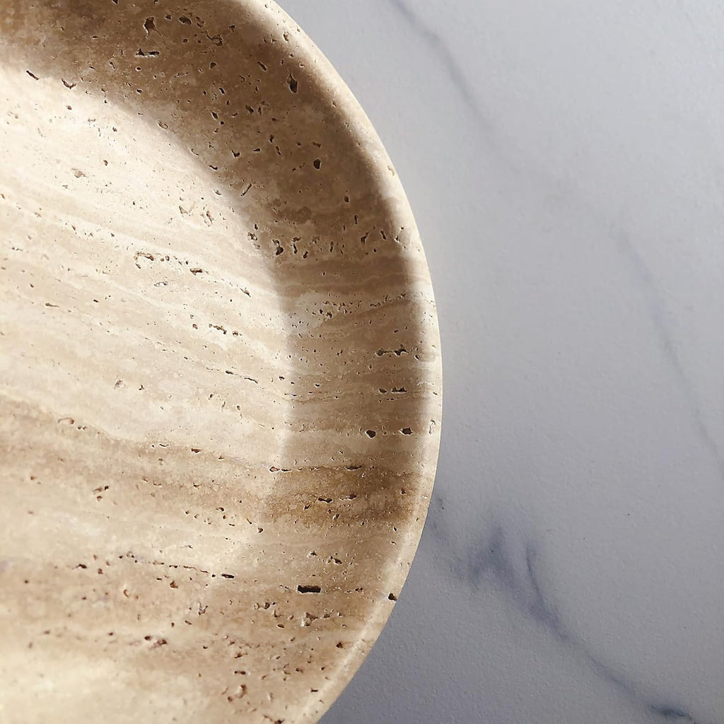 Large Marble Round Bowl HandCrafted Decorative Dish Fruit Bowl for Home Decorative (Beige Travertine)