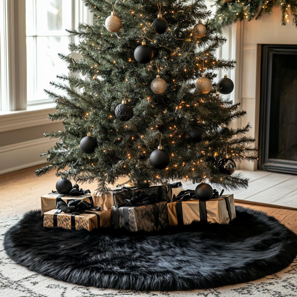 AOGU 60 Inch Faux Fur Christmas Tree Skirt Black Plush Skirt for Merry Christmas Party Christmas Tree Decoration