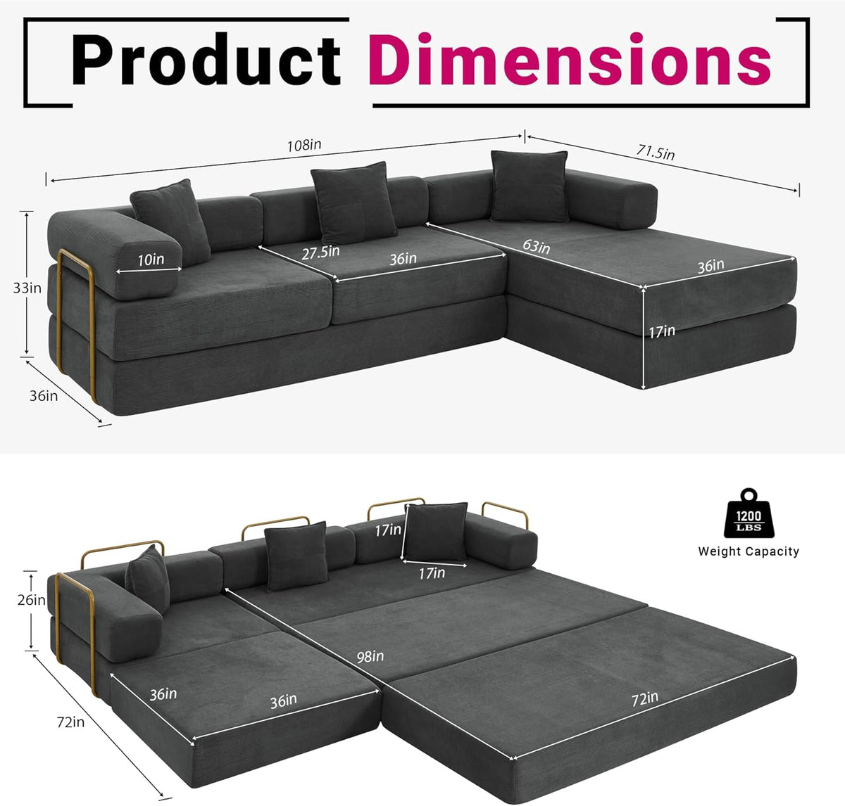 108" Oversized Convertible Sleeper Sofa Bed, Corduroy L Shape Sectional Couch, Folding Sofa Bed with Side Pocket, Modern Cloud Floor Mattress Couch, Modular Sofa for Living Room, Grey
