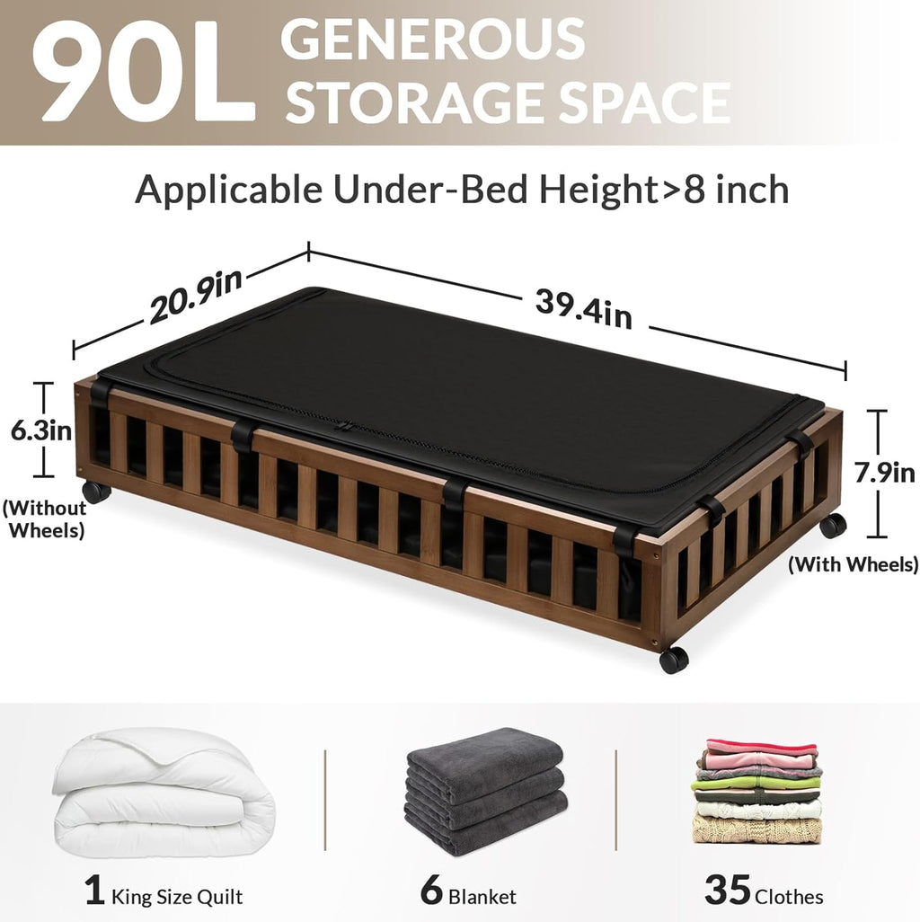 2 Pack Bamboo Under Bed Storage with Wheels, 39”x20”x7.8” Lager Under Bed Storage Containers (Brown)