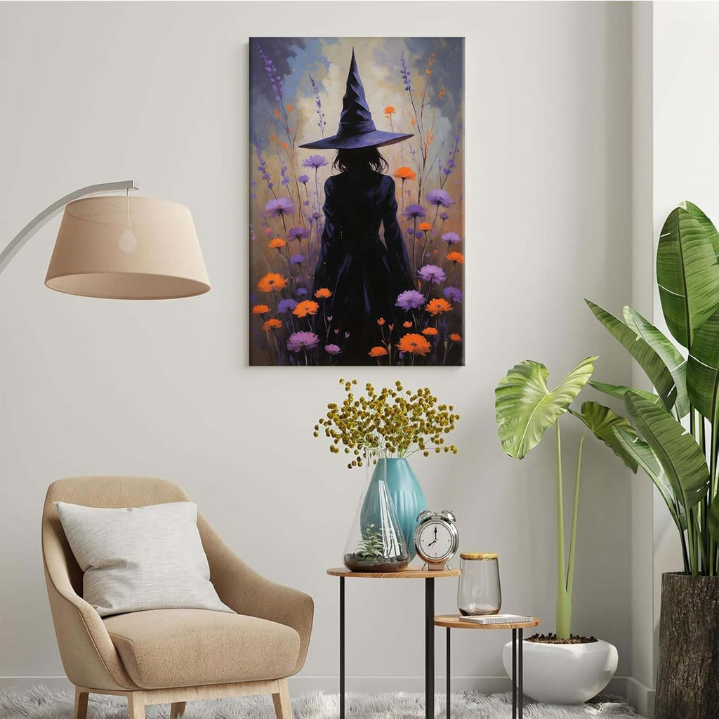 JFHCQJPK Country wildflower witch canvas print halloween mashup art witch purple decoration bohemian elegant art poster32x48in Frameless