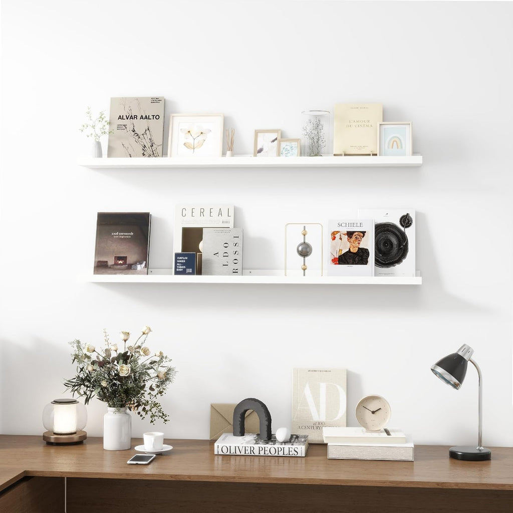Picture Ledge Shelf, Wood Long Floating Shelves for Wall, Set of 2, 48 inch Picture Ledge Shelves, Photo Ledge Nursery Book Shelves Wall Mounted for Living Room Kids' Room Bedroom, Color White