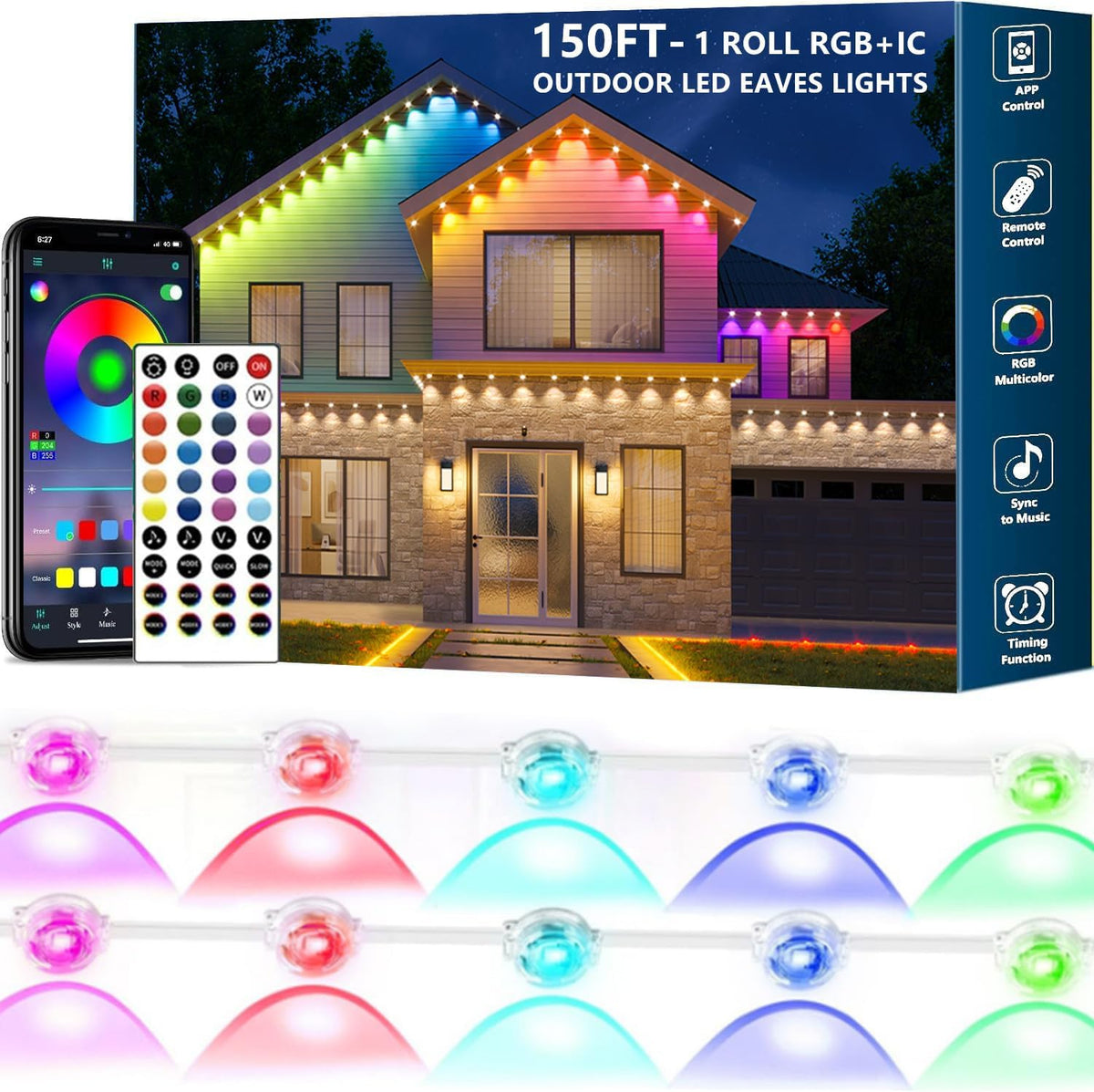 Permanent Outdoor Lights,150ft RGB + IC Smart LED Eaves Lights with App & Remote Control, IP67 Waterproof,for Christmas and All Holiday Decor,Daily and Accent Lighting,House Roof and Garden Lighting