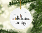 Andaz Press Round Ceramic Porcelain Christmas Tree Ornament Keepsake, San Diego Colorful City Skyline Graphic, 1-Pack, Birthday Gift Ideas Family Coworker Him Her, Includes Gift Box