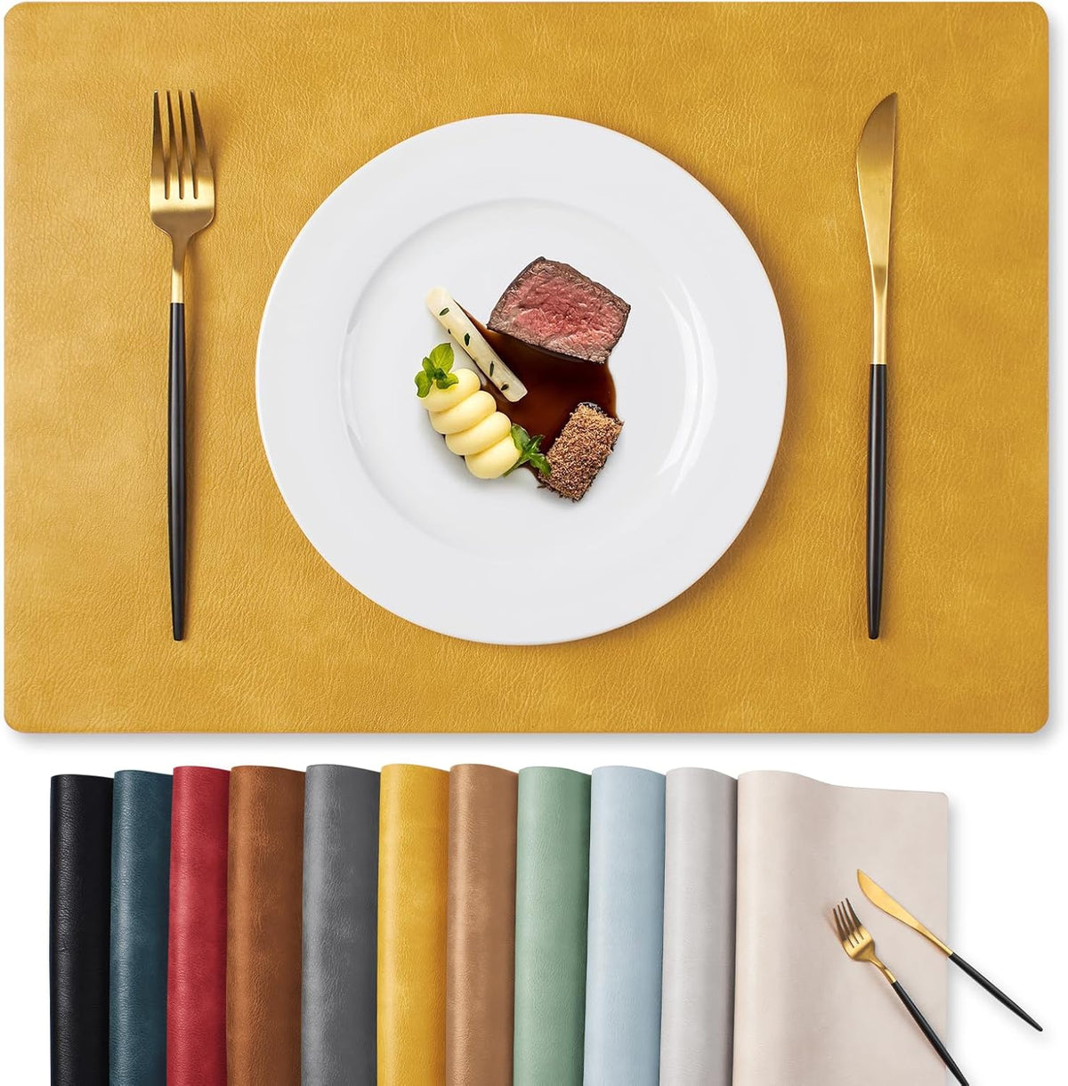 MOSAYT Vinyl Placemats Set of 4-12 X 17 Inch - Faux Leather 100% Waterproof Oil-Proof Wipeable PU Place Mats, Heat Resistant Reversible Table Mats for Kitchen, Dining, Outdoor (Yellow)