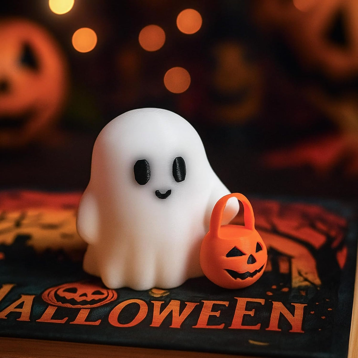 Halloween Ghost Figurines Resin Halloween Table Decorations Cartoon White Spooky Carrying Pumpkin Statue Small Mini Little Ghost Figurine Holiday Table Centerpieces for Home Tabletop Decor