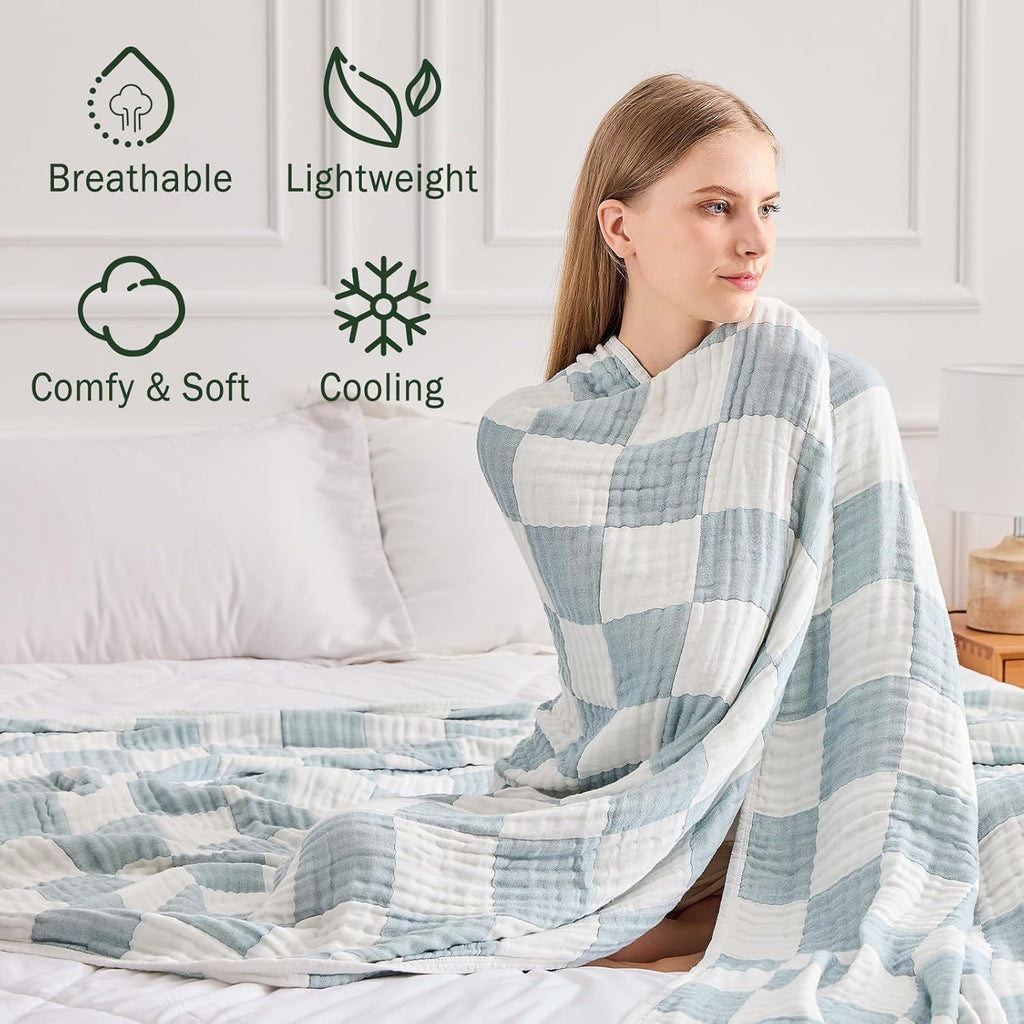 EMME Checkered Throw Blanket Cotton for Couch Soft Muslin Bamboo Blankets 50"x60" Lightweight Breathable Soft Blanket All Season Gauze, Teal