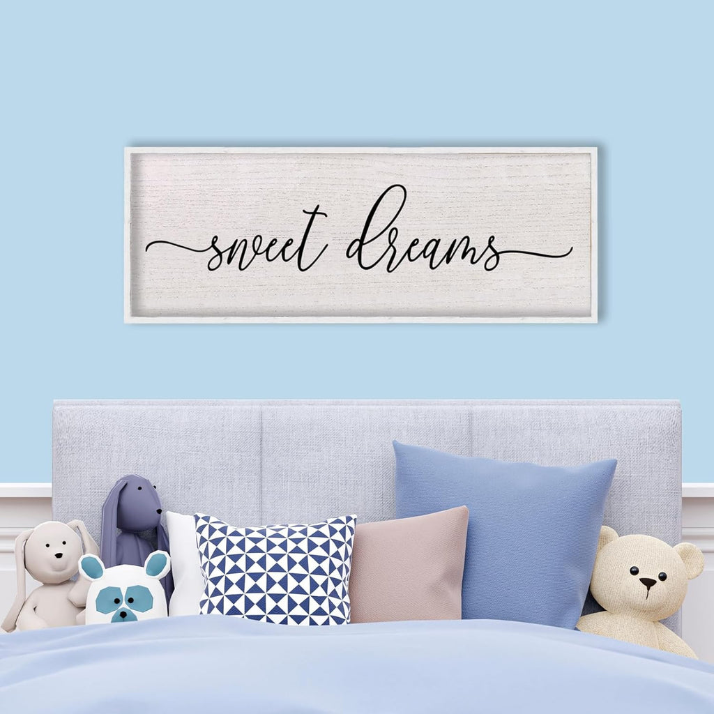 LuZhiQiang Sweet Dreams Wall Decor Sign 40"X15" Master Bedroom Over Bed Wall Wood Framed Art (White)