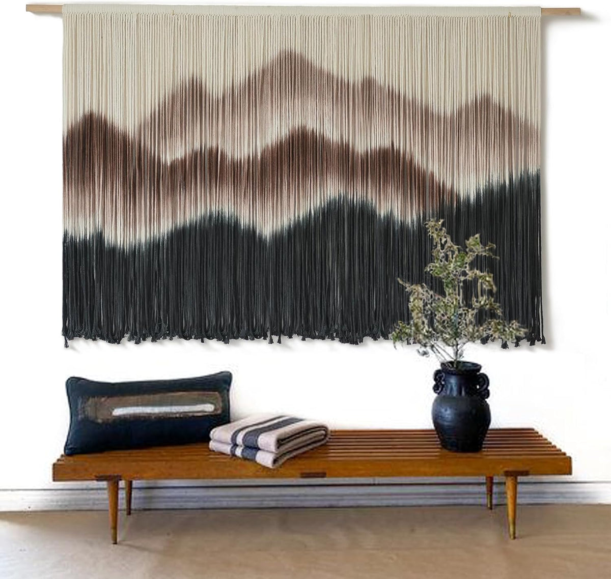 IOWER Macrame Wall Hanging 57" W x 35" L Brown Mountain Dip-Dyed Macrame Wall Decor Large Modern Fiber Art Boho Wall Decor