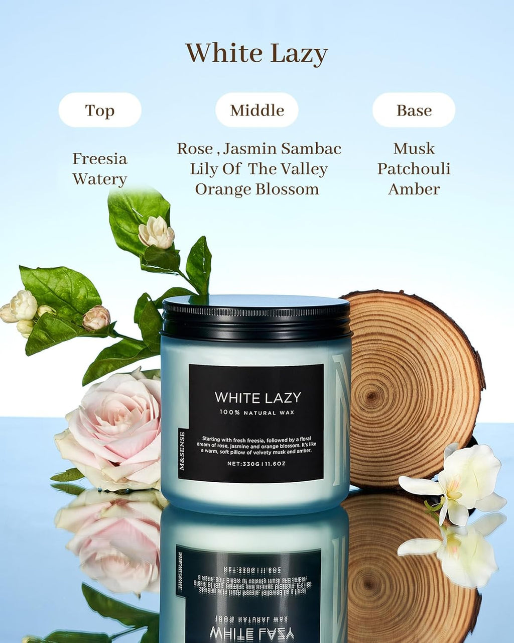 M&SENSE Jasmine & Clean Cotton Spring Scented Candle, 11.6oz Aromatherapy Gifts 2 Wick 70 Hours Long Lasting Burn, Natural Organic Soy Candle, Housewarming Gifts for Dad Mom Friends
