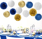 Navy-Blue Gold Party-Decorations Paper-Flowers Lanterns - 15PCS Royal White Baby Bridal Shower Tissue Pom Poms Streamers, Bachelorette Birthday Wedding Graduation Hanging Supplies Decor Hugfond