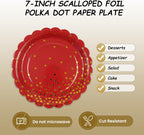 50PCS Red Paper Plates, 7 Inch Scalloped Red and Gold Party Plates Disposable Foil Polka Dots Dessert Plate Cake Plate for Wedding Baby Shower Birthday Anniversary Bachelorette Dinner BBQ