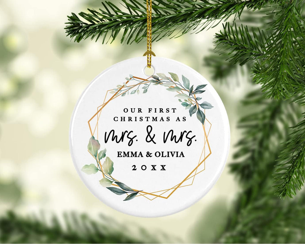 Andaz Press Personalized Our First Christmas As Mrs. & Mrs. 2025 Christmas Ornaments Geometric Greenery 2.8" Round Porcelain Ceramic Lesbian Married Couple Gay Women Newlyweds Wedding Keepsake 1-Pack