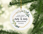 Andaz Press Personalized Our First Christmas As Mrs. & Mrs. 2025 Christmas Ornaments Geometric Greenery 2.8" Round Porcelain Ceramic Lesbian Married Couple Gay Women Newlyweds Wedding Keepsake 1-Pack