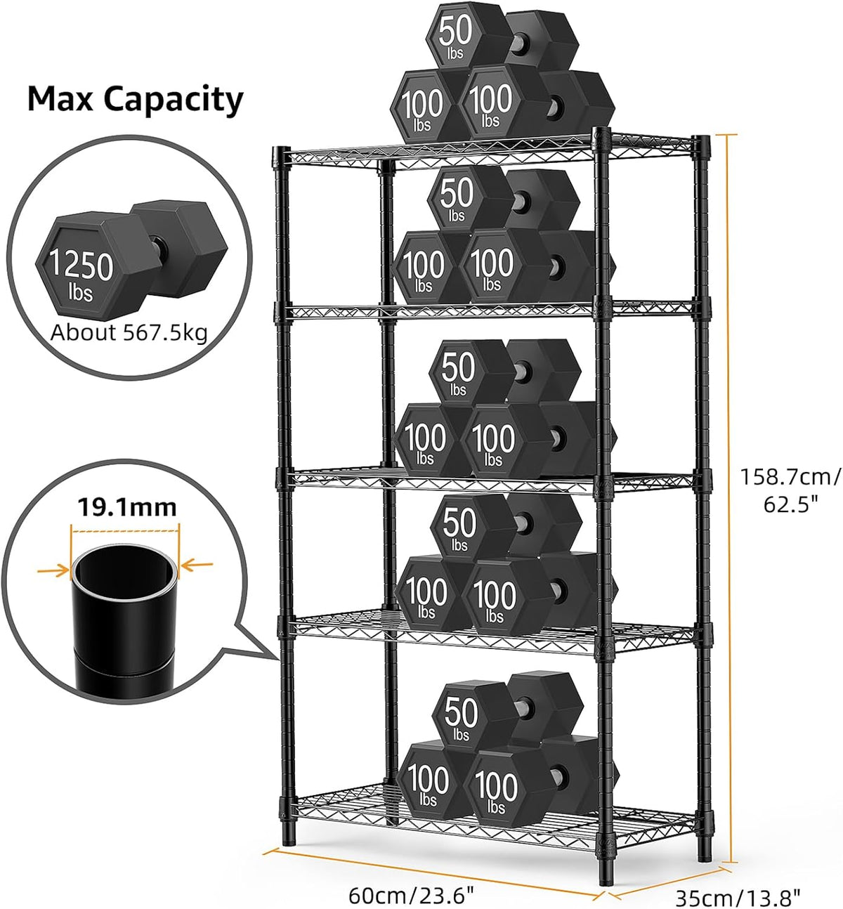 1250 lbs Storage Shelving Utility Shelving Unit 5-Tier Utility Shelving Unit Steel Organizer Wire Rack for Home,Kitchen,Office (13.7" D x 23.6" W x 62.4" H)