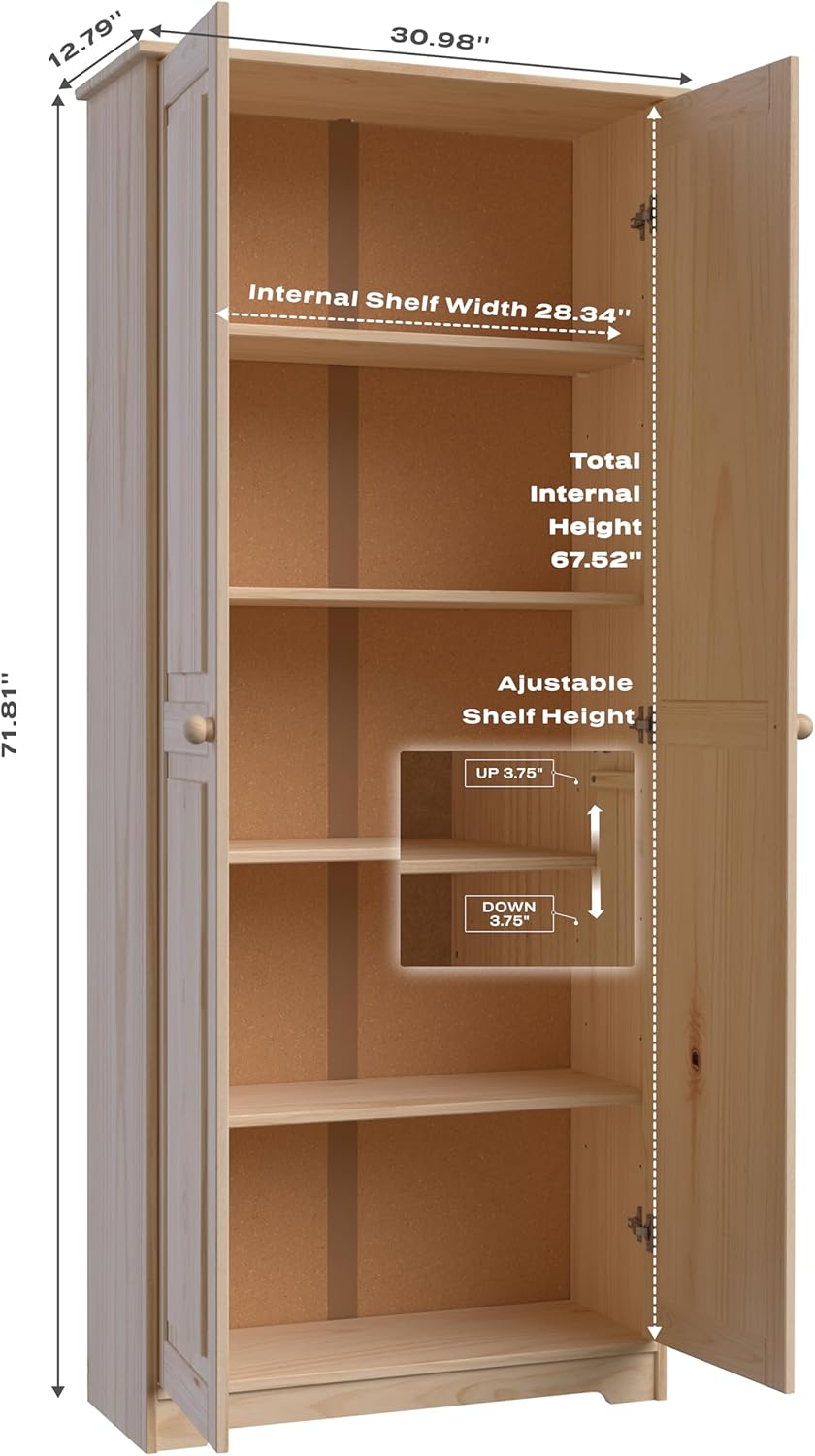 Pantry Cabinet Storage Cabinet with 2 Doors Solid Wood - Adjustable Shelves for Kitchen, Dining Room, or Utility Room Organization