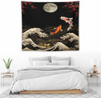 Houselerax Koi Fish Tapestry, Japanese Style Yin Yang Big Wave Cherry Blossom Tapestries Wall Hanging for Bedroom Living Room Office Decor 60"x50"