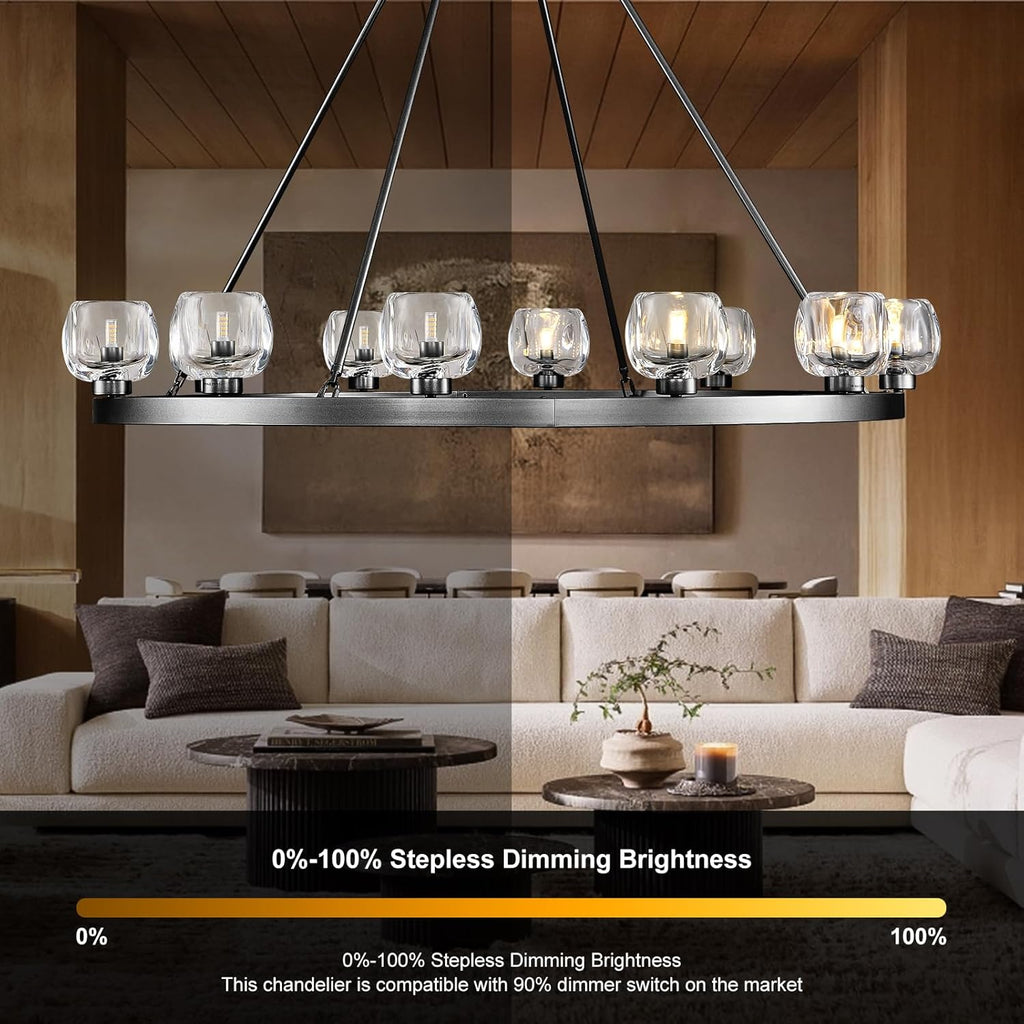 Black Wagon Wheel Chandelier, 48 Inch Black Chandeliers with Unique Glass Shade, 12-Light Crystal Large Wagon Wheel Chandeliers for Dining Room, High Ceiling Round Chandelier for Living Room, Foyer