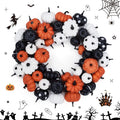 GarveeHome Halloween Pumpkin Wreath for Front Door, 18 Inch Fall Farmhouse Wreath with Orange, Black and White Pumpkins, Rattan Bottom Halloween Indoor Outdoor Home Party Decor