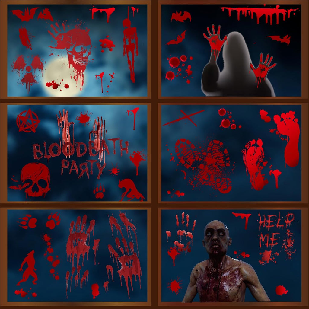 MSQ 73 Pcs Bloody Window Stickers - Removable Handprint & Footprint Decals for Halloween Party Decorations - Horror Window Stickers 9 Sheets