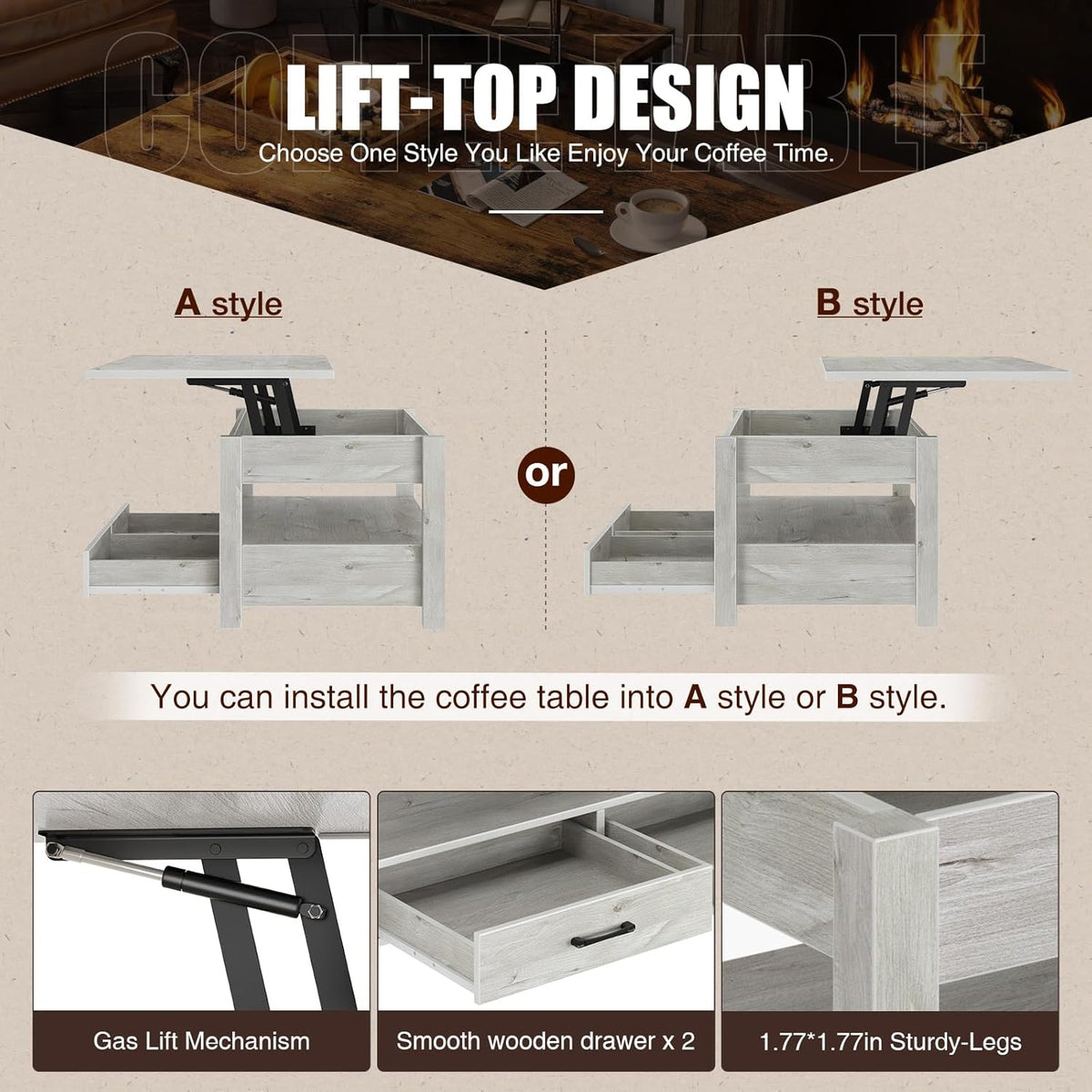 Rolanstar Coffee Table, Lift Top Coffee Table with Drawers and Hidden Compartment, Living Room Table with Wooden Lift Tabletop, for Living Room, Grey