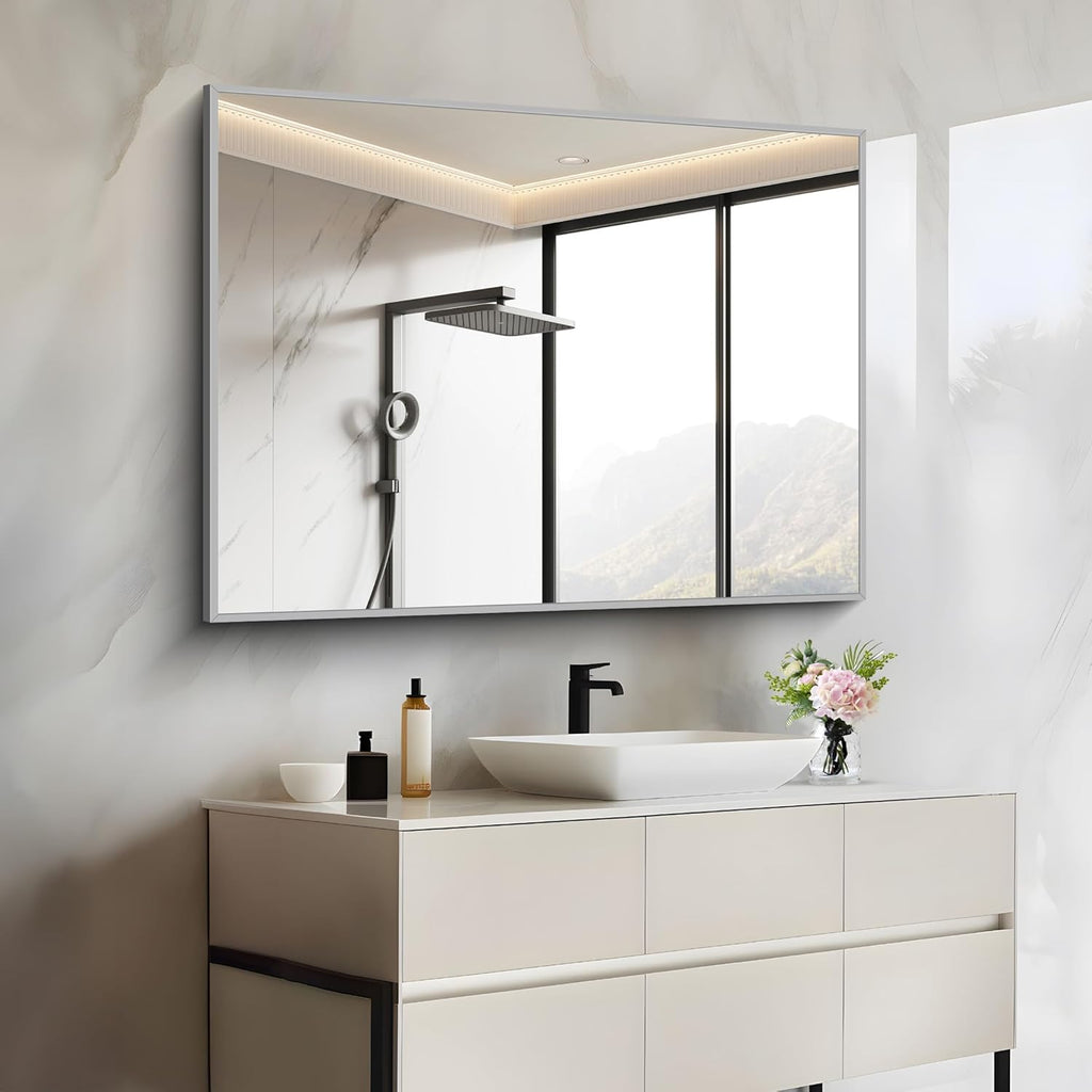 30x40In Silver Bathroom Mirror for Wall, Brushed Nickel Rectangle Mirrors with Metal Frame, Bathroom Rectangular Mirror Modern Wall Mirror for Bedroom Living Room, Hangs Horizontal or Vertical