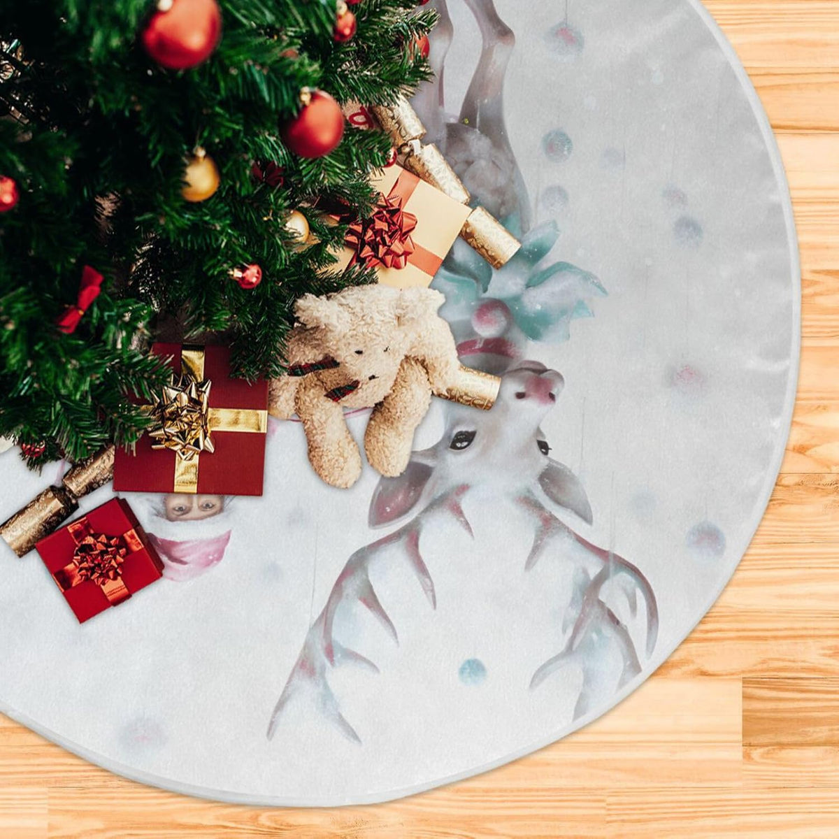 Christmas Tree Skirt, 48 Inch Santa Claus Pink Reindeer Xmas Tree Mat for New Year Party Decorations