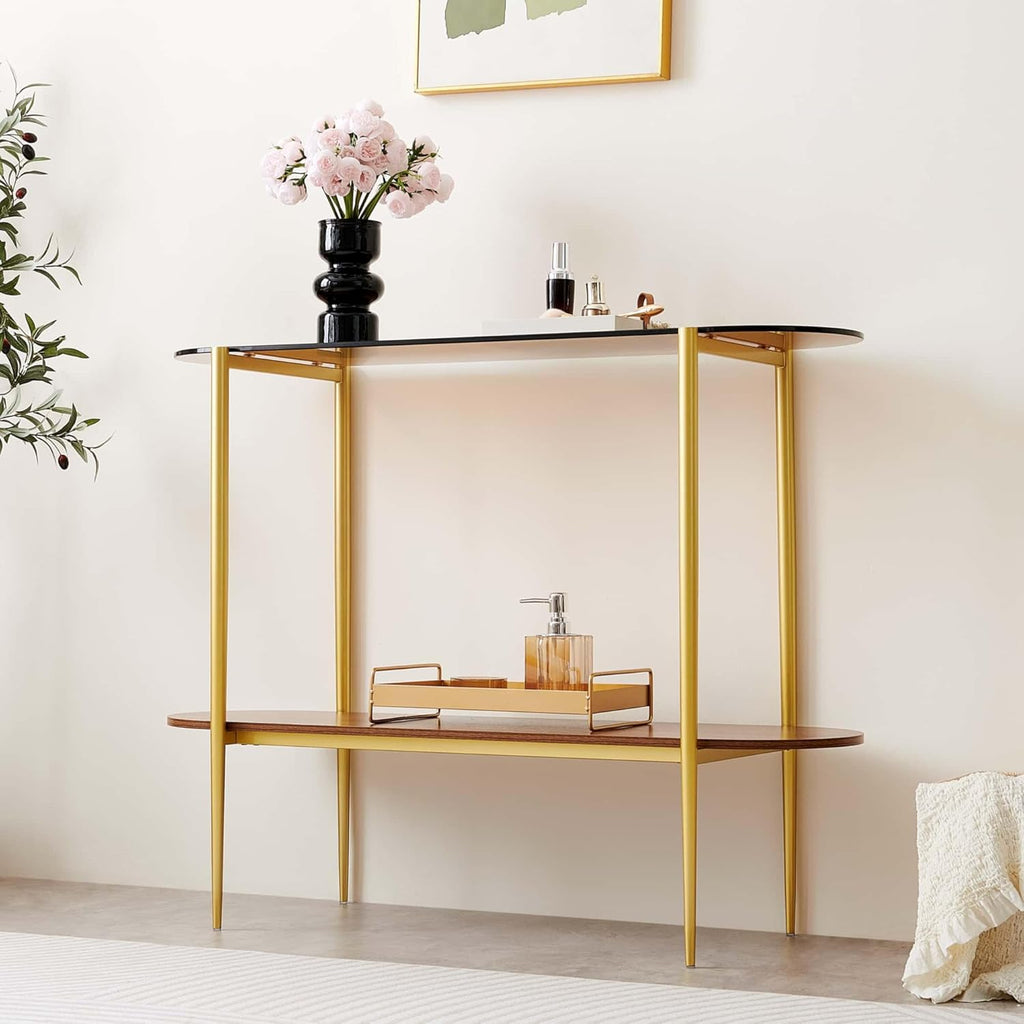 Oval Glass Console Table for Living Room, Foyer & Entrance, 2-Tiers Mid-Century Modern Sofa Table with Amber Glass Top, Walnut Finish Wood Top and Gold Finish Metal Frame