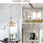 WUZUPS Nickel Chandelier Rustic Farmhouse Industrial Round Ceiling Pendant LED Light Fixture with Amber Glass Shade for Dining Room Kitchen Island Foyer Entryway, H 17" W 13.4", E26 Base