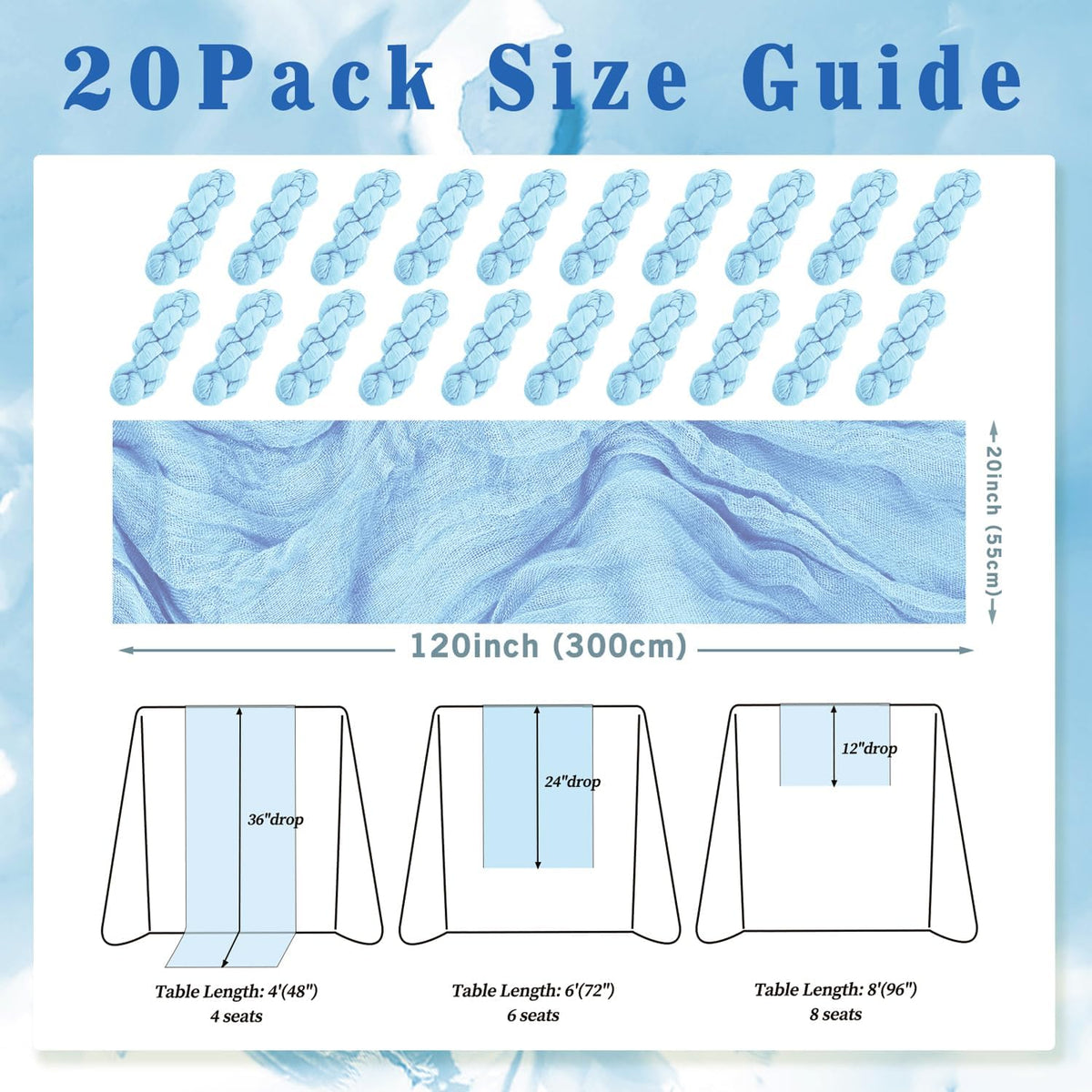 20 Pack Baby Blue Cheesecloth Table Runner 20 x 120 Inch Long Rustic Gauze Cheese Cloth Table Runner for Wedding 10FT Bridal Baby Shower Table Decorations Boho Fabric Sheer Birthday Party Table Decor