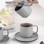 Large Cappuccino Cups with Saucers Set of 4, 8 Ounce Stackable Embossed Ceramic Coffee Mugs for Specialty Coffee Drinks, Latte, Cafe Mocha and Tea, Dishwasher & Microwave Safe (Grey)