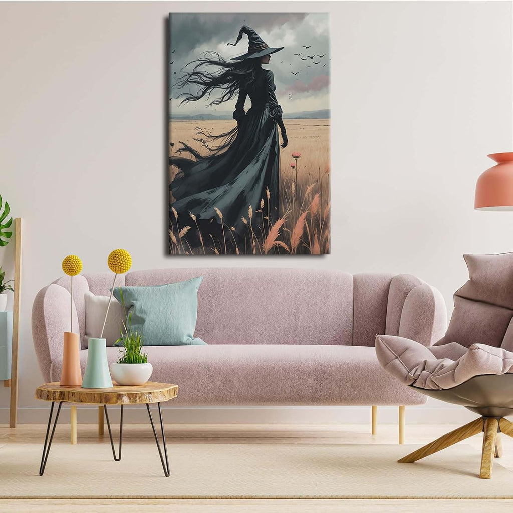 JFHCQJPK Gothic Decor Canvas Wall Art Witch in Rice Field Halloween Art Decor Print Nature Print Victorian Home Bedroom16x24in Frameless