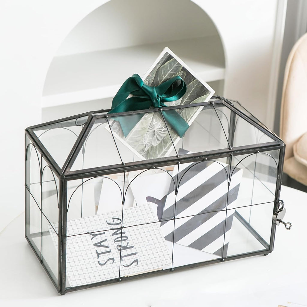 Wedding Card Box with Slot, 12.6'' Large Glass Card Boxes for Reception, Black Geometric Holder, Clear Decorative Storage Box with Lock for Baby Shower, Birthday Party, Christmas, Bridal Shower