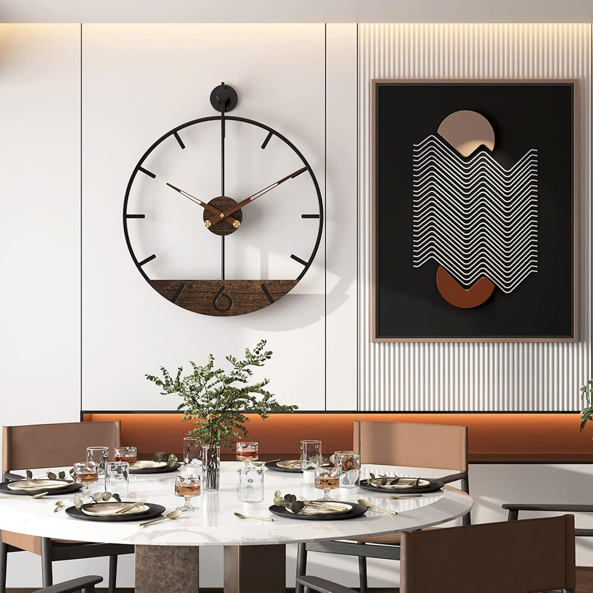 Modern Wood Walnut Dial Wall Clock, Large Simple Wall Decor Metal Frame Silent Non Ticking Clock for Living Room Decor, Kitchen, Bedroom, Study Decoration, Handmade Home Gift Idea, 15.8 in