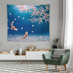 Japanese Koi Fish Tapestry, Cherry Blossoms Asian Oriental Blue Floral Branch Koi Fish Carp Tapestries Wall Hanging for Bedroom Living Room Office Decor 60"x50"