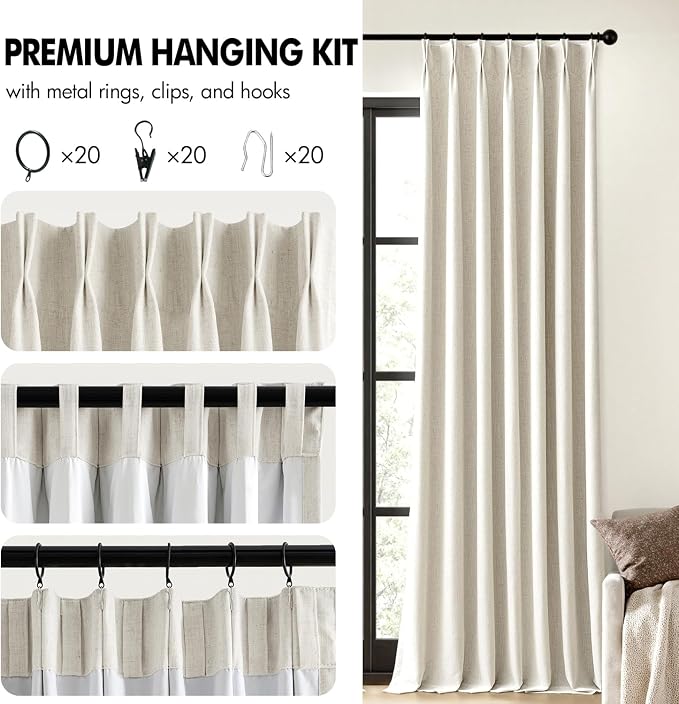 MIULEE Natural Pinch Pleated 100% Blackout Linen Curtains 40x96 Inches | Room - Image 8