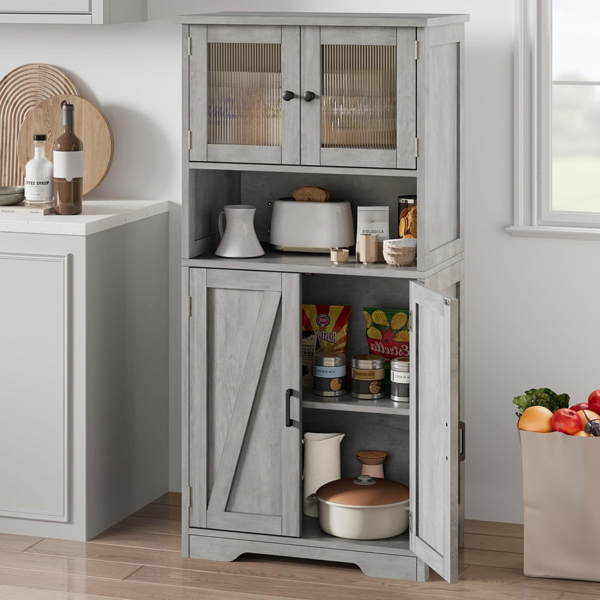 GarveeHome 54in Tall Bathroom Cabinet, Farmhouse Storage Cabinet with Glass Doors and Adjustable Shelves, Freestanding Kitchen Pantry Cabinets, Cupboard for Living Room, Dining Room, Gray