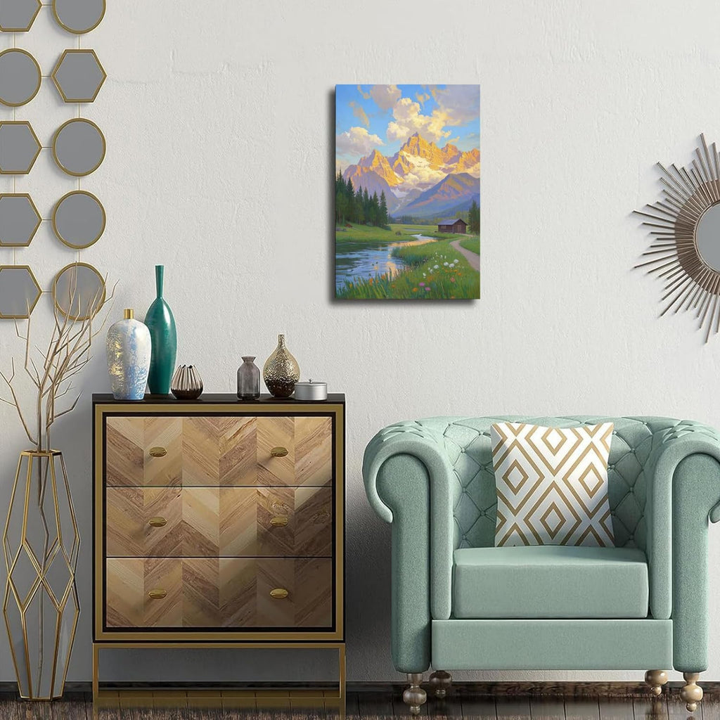 The mountain stream and lawn scenery under the sun is suitable for posting in the living room bedroom office landscape poster wall painting
