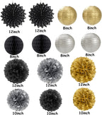 Black Gold Silver Party-Decorations Streamers-Lanterns - 14pcs Graduation 2025 Paper Fan,Tissue Flower Pom Poms Streamers,Honeycomb Balls,Men Birthday Wedding Baby Bridal Shower Decor Ouruola