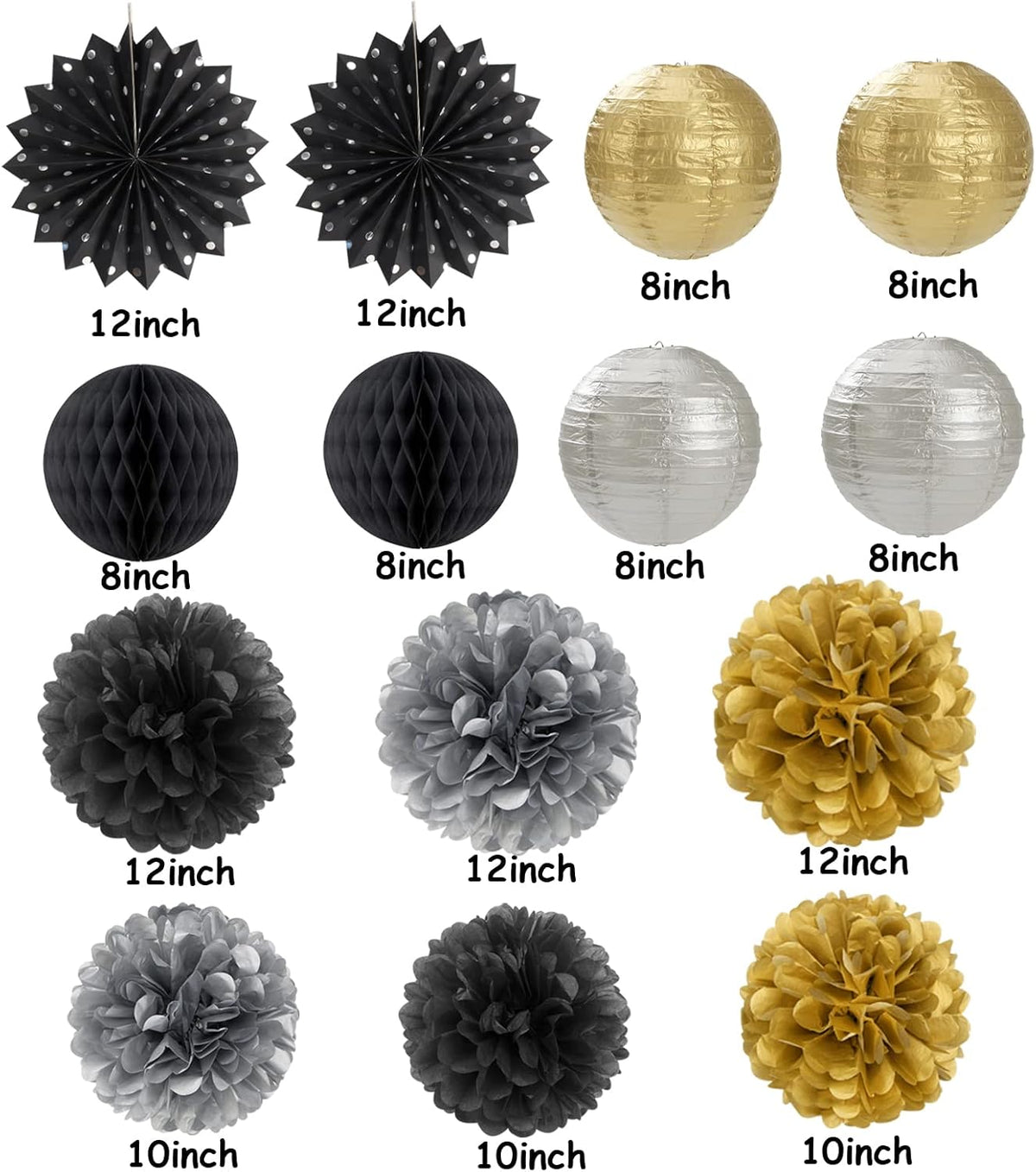 Black Gold Silver Party-Decorations Streamers-Lanterns - 14pcs Graduation 2025 Paper Fan,Tissue Flower Pom Poms Streamers,Honeycomb Balls,Men Birthday Wedding Baby Bridal Shower Decor Ouruola
